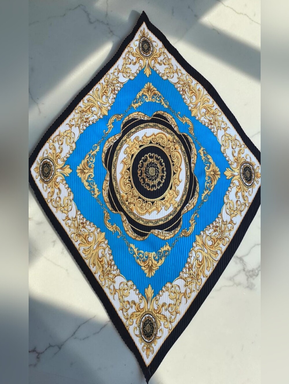 Vintage Pleated Baroque Blue And Gold Ornate Women's Luxury Scarf